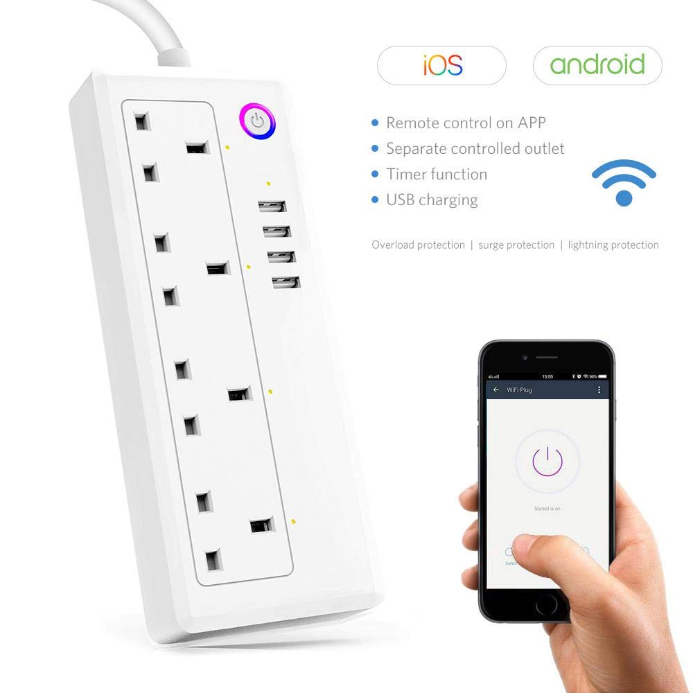 US Standard WiFi Smart Power Strip 4 Outlets and 4 USB Ports Compatible with Alexa and Google Assistant: UK standard