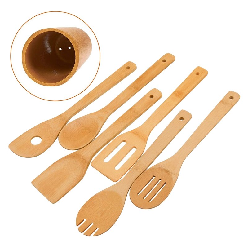 Bamboo Wooden Spoons & Spatulas Set-6 Pieces Kitchen Cooking Utensils and 1 Holder,Heat Resistant for Non Stick Cookware