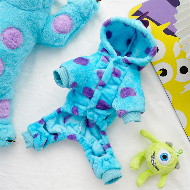 Odzież dla zwierząt placki Kot Jesień i zima Zagęszczony ciepły niebieski dinozaur Płaszcz z kapturem Kostium szczeniaka dla małych średnich psów