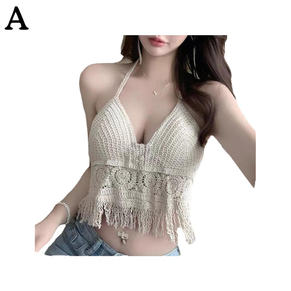 1pc Quaste Tank Top Bohemian Style Streifen Colla shirt Ernte Muskel aushöhlen Strick-BH für Beach dress Yoga Freizeit kleid: Beige