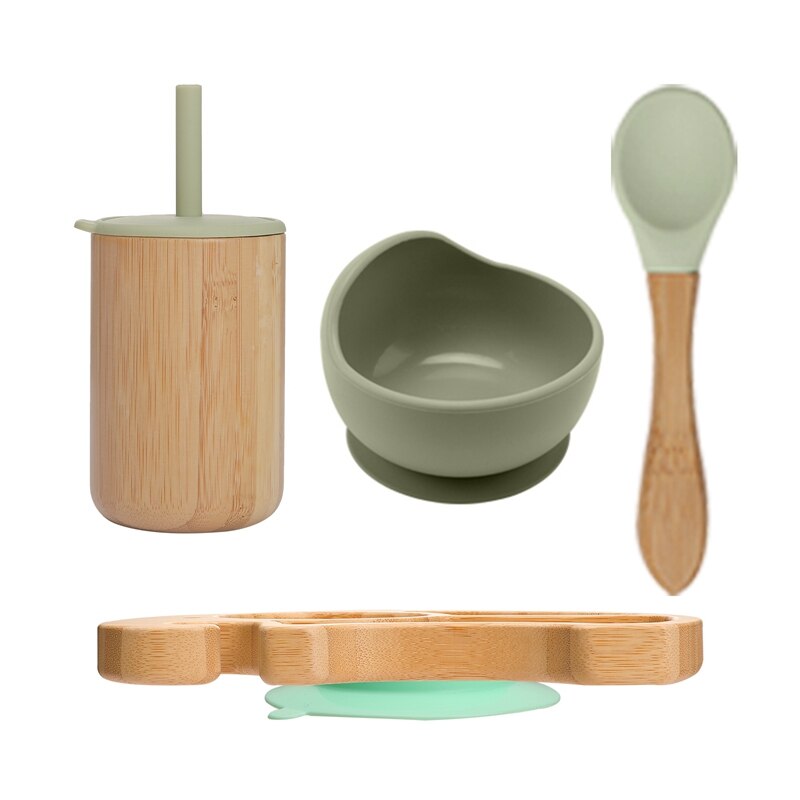 Vaisselle en bois de bambou, accessoires d&#39;alimentation pour bébé, assiette à dîner animaux de dessin animé éléphant avec ventouse, d&#39;anniversaire pour bébé 1 ensemble: green no box