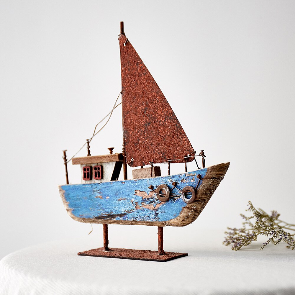 Wooden Ship Model Modern Home Decoration Iron Retro Sailboat Figurines Office Desk Decorative Birthday Christmas