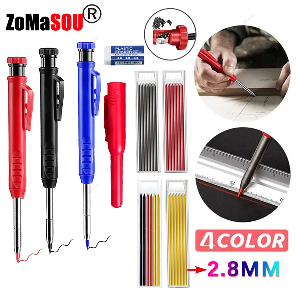 Heldekkende mekanisk blyant for snekkerarbeid, langt hode, dyphullsmarkører, penn, blyanter, påfyllingsstifter, spisser, skrivesaker