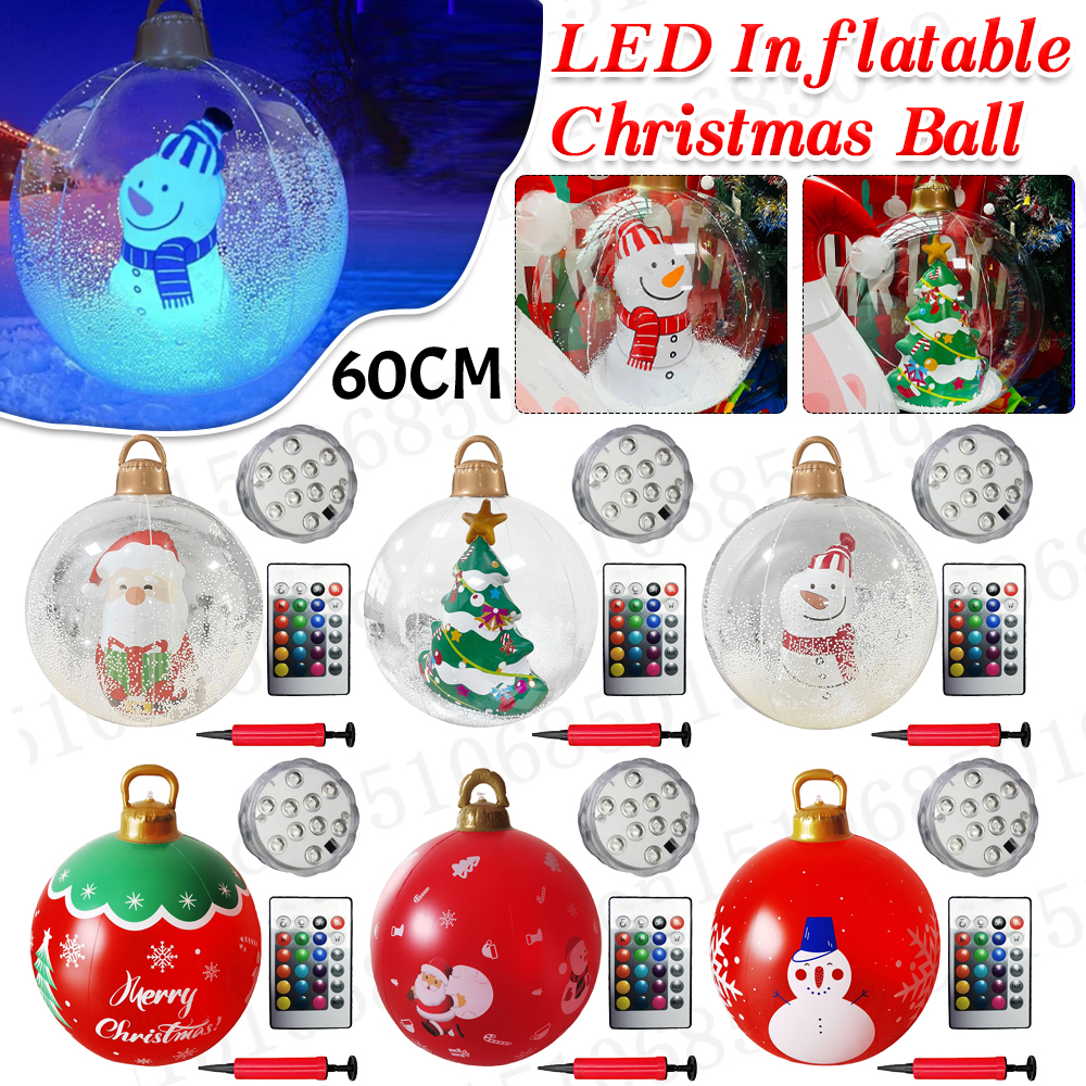 24 Inch Opblaasbare Kerstballen Met Verlichting Buiten Kerstversiering Pvc 60Cm Gigantische Kerstballen Vakantiedecor