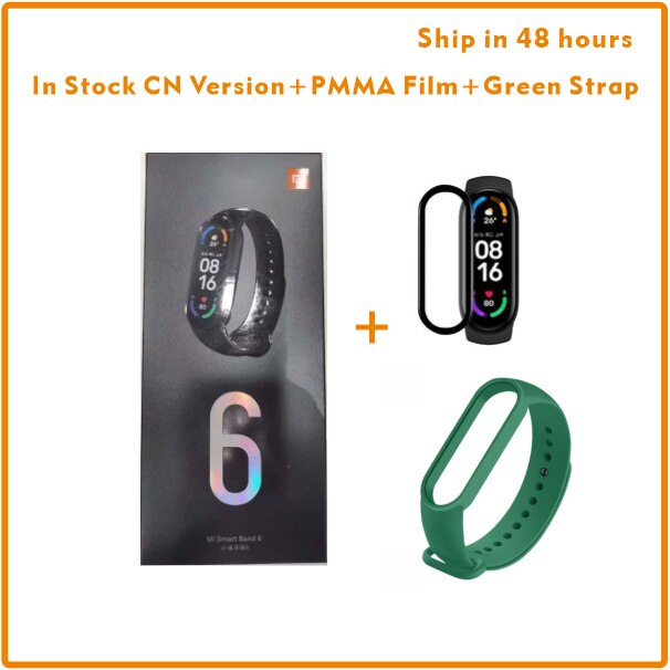 In Voorraad Originele Xiaomi Band 6 Mi Band 6 Bloed Zuurstof 1.56 Amoled Fitness Tracker Hartslagmeter Smart Polsband Band: Add Green Strap