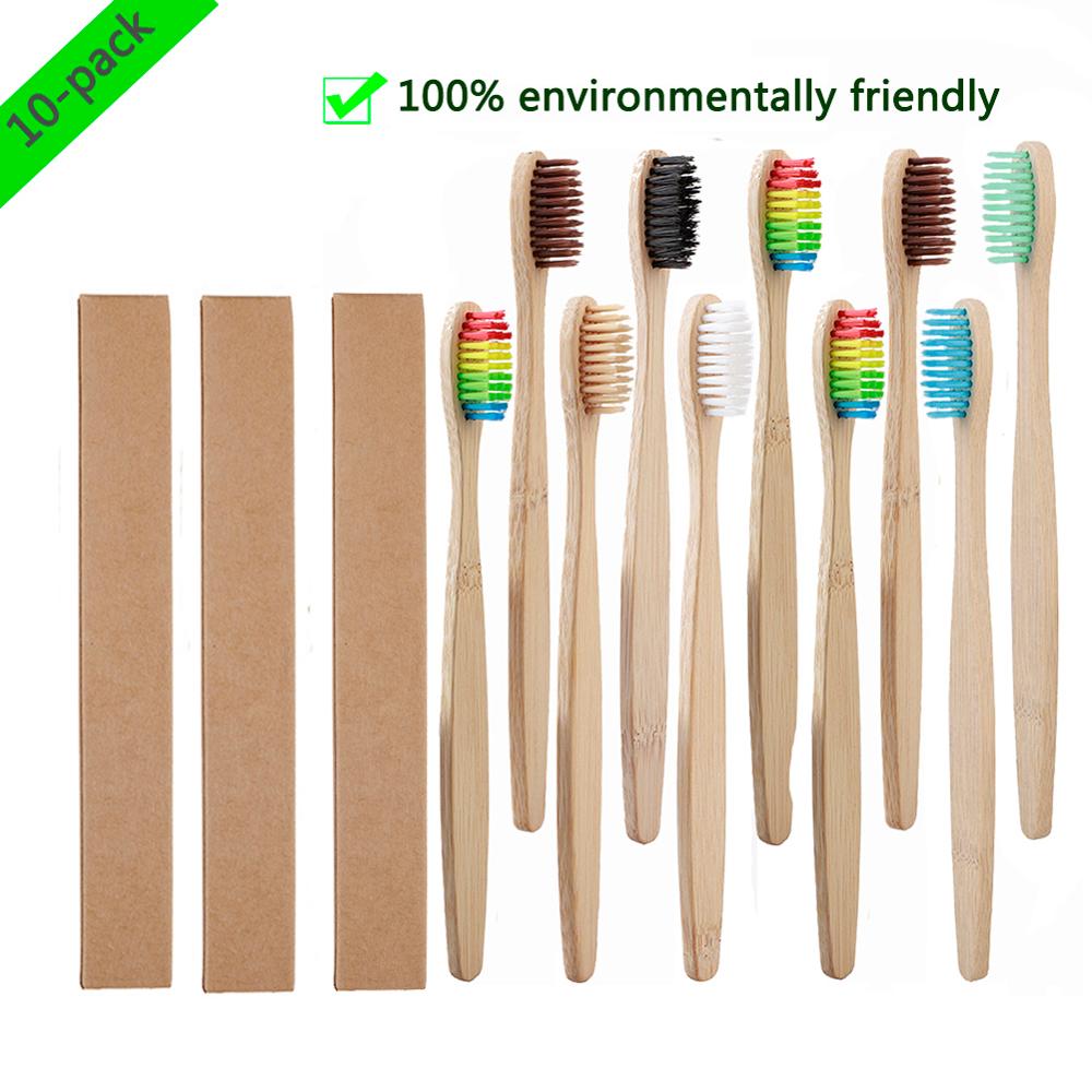 10 stk/sæt naturlig, ren bambus tandbørste blødt trækul firkantet træskaft tandbørster tandplejeværktøj: Bland farve