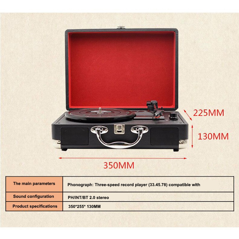 Portable Turntable Player with Speakers Vintage Phonograph Record Player Stereo Sound Turntables for 180/200/300mm Records