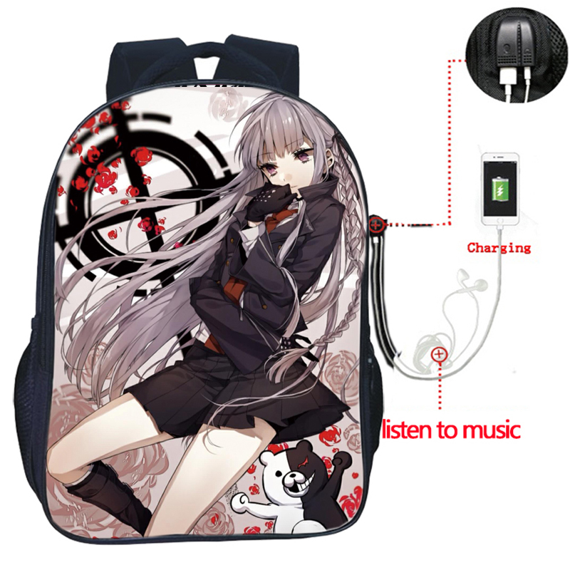 Danganronpa-mochila con carga USB para hombre y mujer, morral escolar de , bolso de viaje a la , mochila bonita para estudiantes: 9