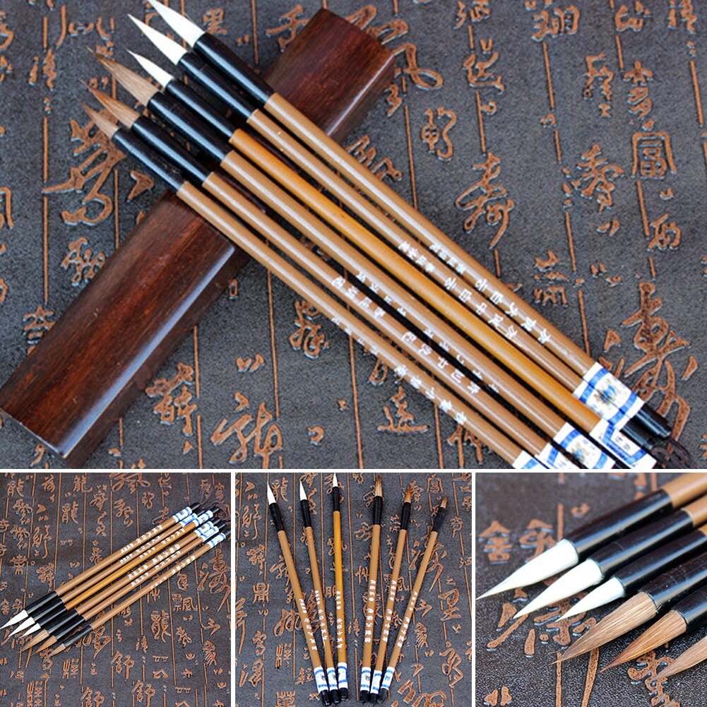 6pcs/set Study Student Stationery Home School Tools Easy Grip Art Calligraphy Painting Writing Brush Accessory Bamboo Drawing