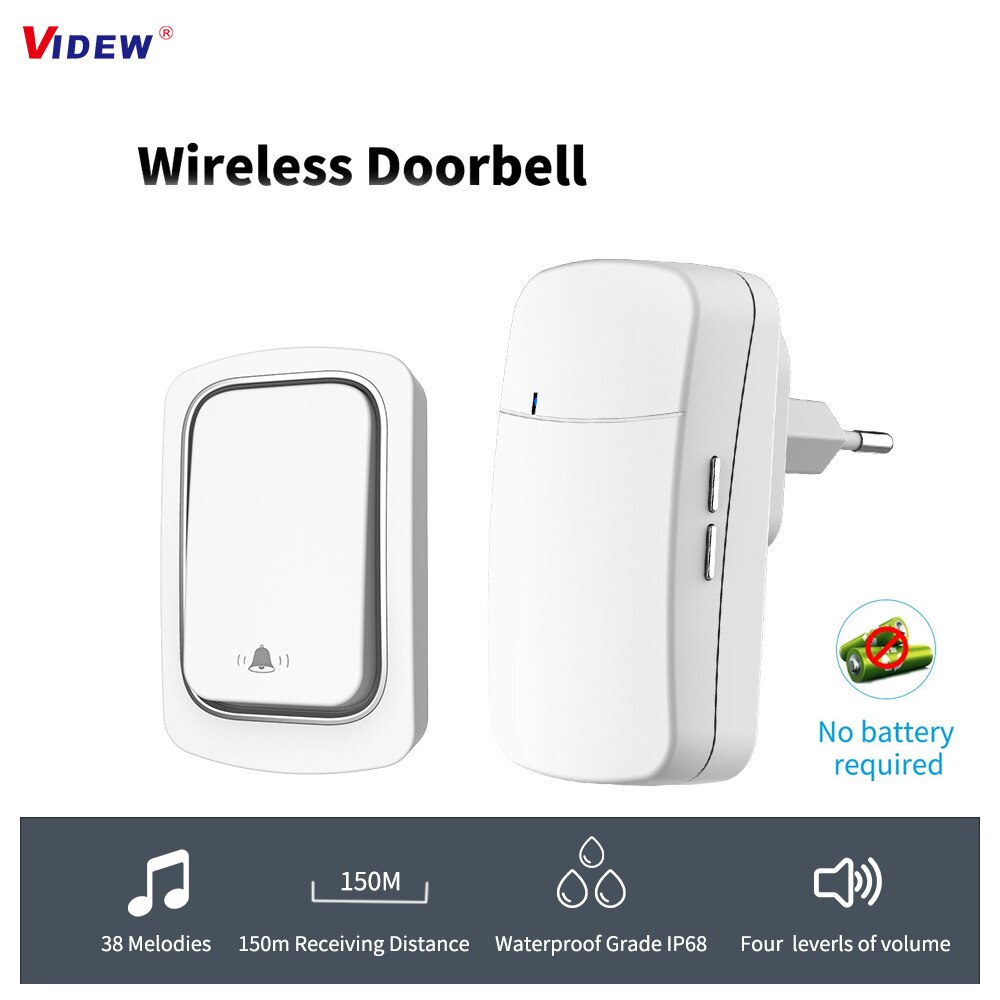 VIDEW Wireless Doorbell No Battery Required Doorbell with Chime IP68 Waterproof Self-Powered Door Bell Home Cordless Timbre Call