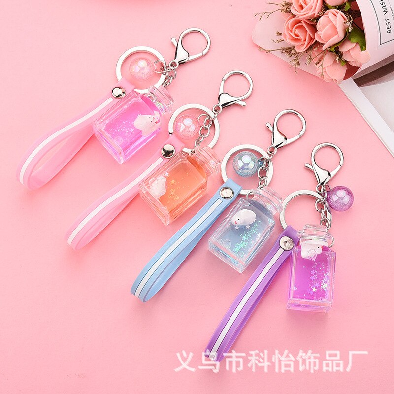 Shaking Voice Network Red Floating Square Milk Bottle Little Swan Keychain Oiling Quicksand Bag Car Pendant