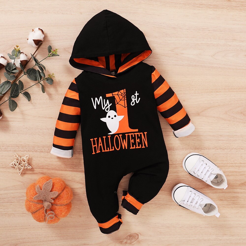 Neonati maschi vestito costume di Halloween Fantasma Cotone A Maniche Lunghe con Cappuccio Pagliaccetto Tuta A Strisce Maglione Vestiti Infantili vestito