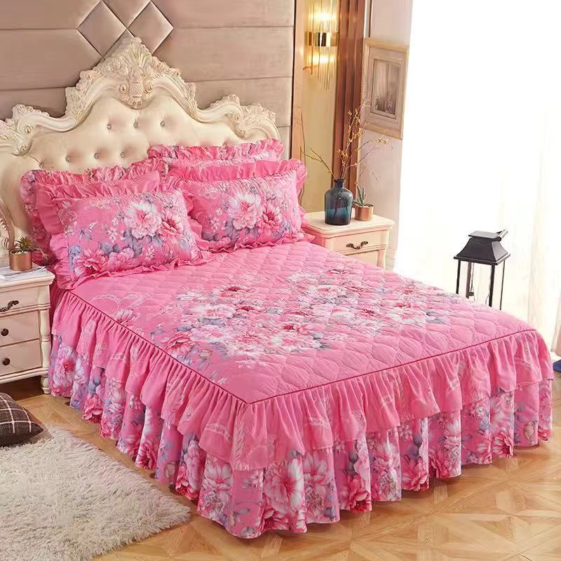 150*200Cm Pastorale Bed Cover Effen Bed Cover Lakens Katoen Gewatteerde Kant Sprei Kant Laken Ondersteuning: 2pcs Pillowcases C