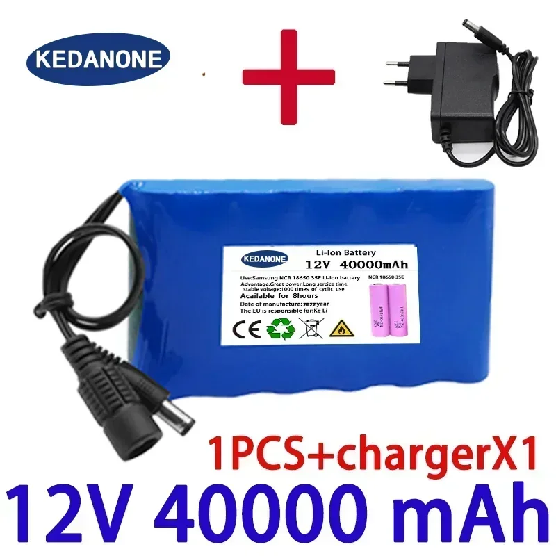 3S2P 100000mAh 12V 18650 battery monitoring Portable large capacity lithium-ion battery BMS LED lights+charger: Red