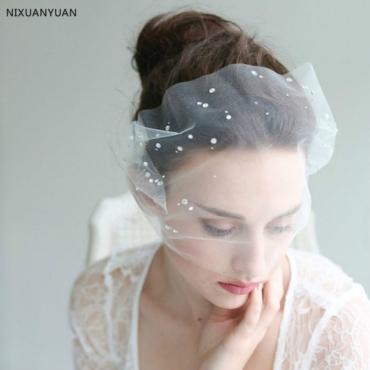 Beautiful Wedding Hat Veils Tulle Adult Bride Hats With Pearls Bridal Short Face Veil Lace Hat