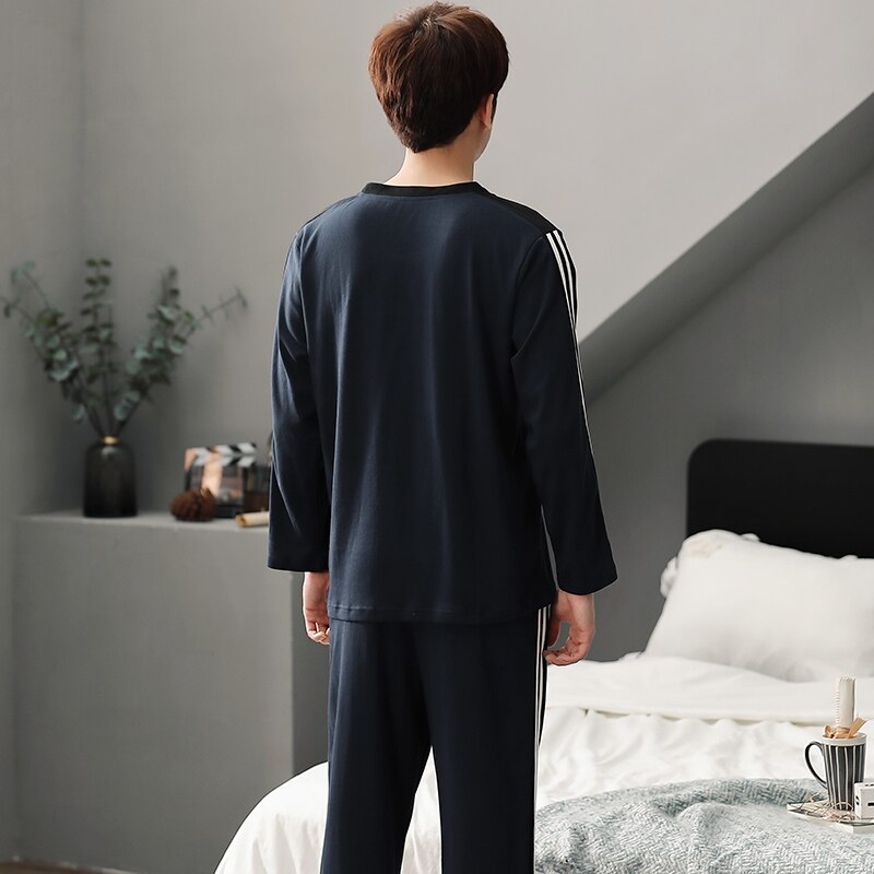 De talla grande L-3XL completa pijamas de algodón de los hombres pijamas para hombre manga larga casual de los hombres homewear blanco conjunto de pijamas para hombre