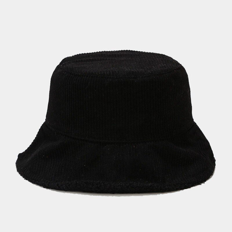 Foldbart efterår vinter spand hatte kvinder varm corduroy fisker kasket dobbeltsidet håndvask hat solid vindtæt flad top cap capeau: Sort