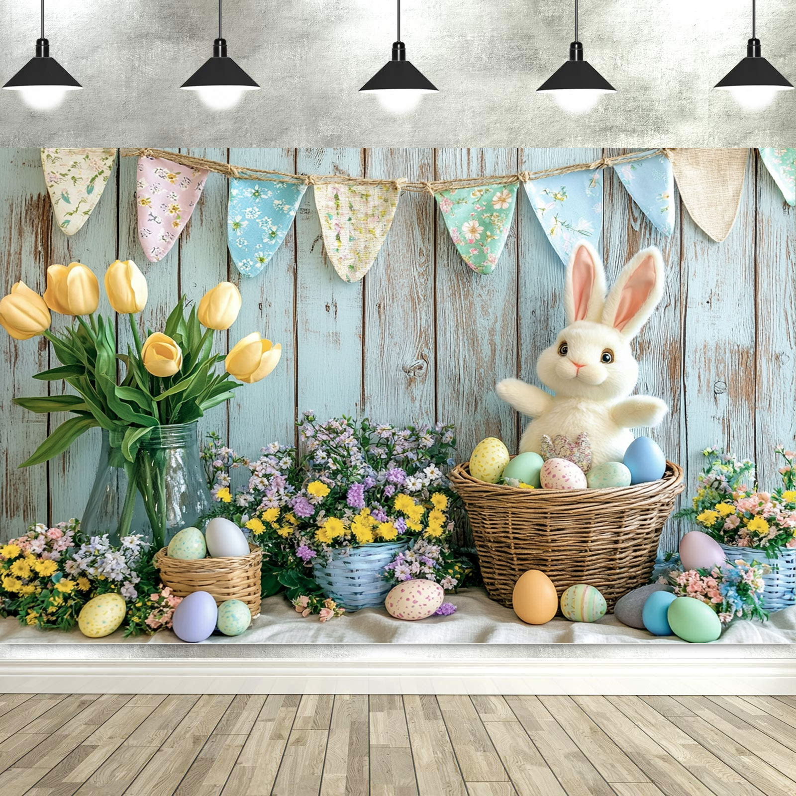 Primavera páscoa fotografia cenários jardim floral grama coelho ovos fundo coelho foto banner tapeçaria cabine adereços: Verde / 150 * 300