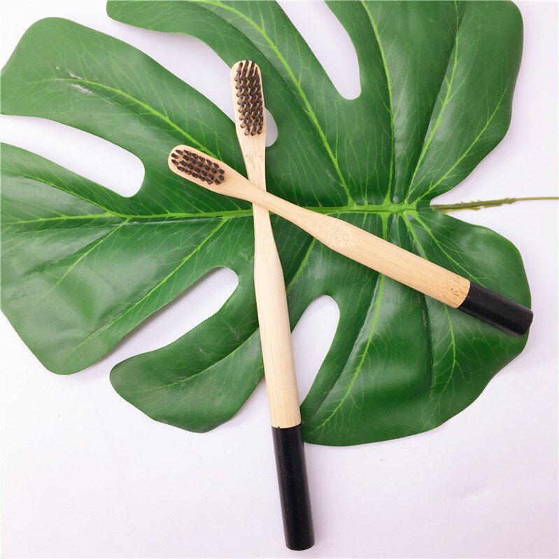 Round handle bamboo toothbrush color bristles set for adults and children: Black-2pc