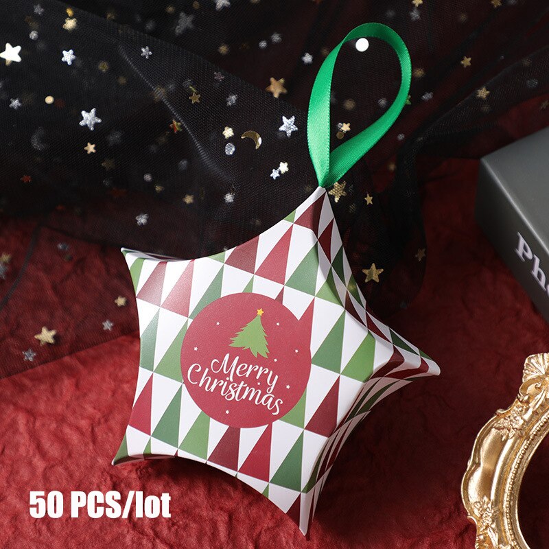 Jul femuddig stjärna godislåda julförpackningspåse jultillbehör barn födelsedagsfavoriter låda förpackning papperspåsar: 50 st vimpel