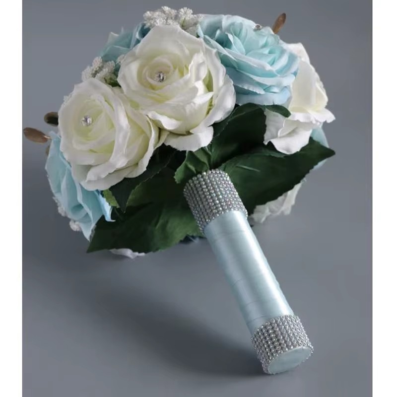 perfectlifeoh Hochzeitsstrauß, blaue weiße Rosen, künstliche Blumen, Braut- und Hochzeitsstrauß, Hochzeit