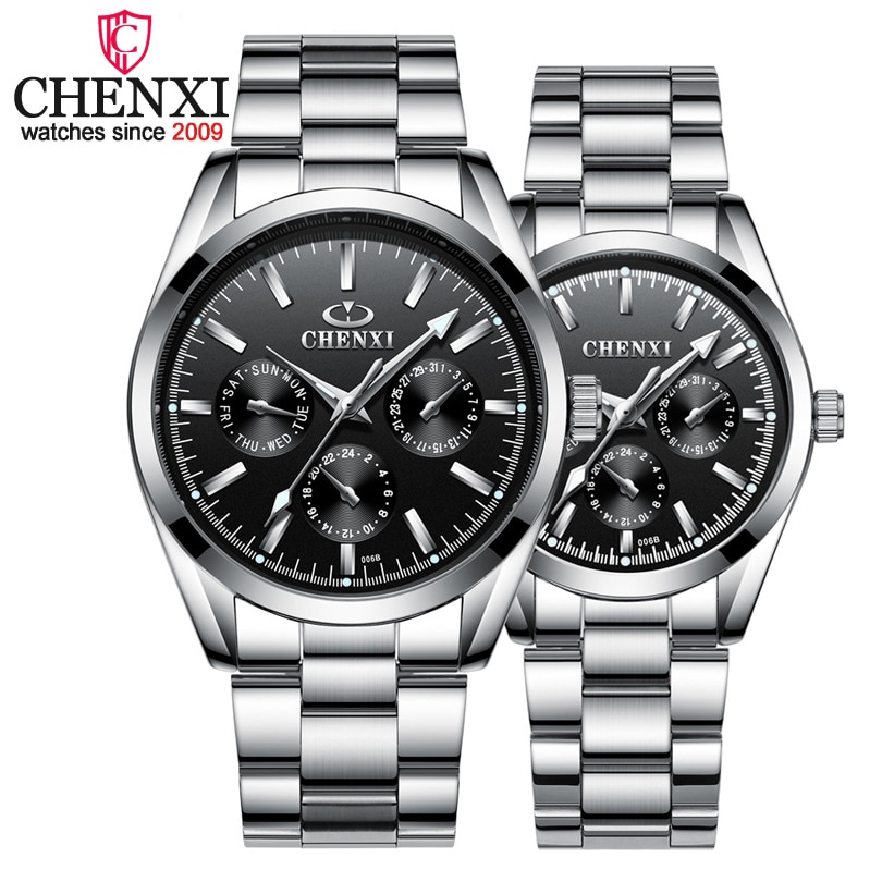 Chenxi Brand Luxe Quartz Horloge 3 Kleine Decoratie Dial Lover Paar Horloges Zilver Roestvrij Staal Mannen En Vrouwen Horloges