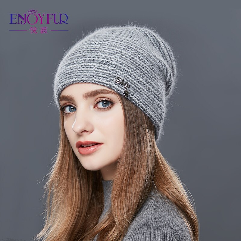Enjoyfur gebreide wollen muts voor de winter dubbele laag dikke warme zachte damesmuts casual mutsen damesmutsen muts voor dames