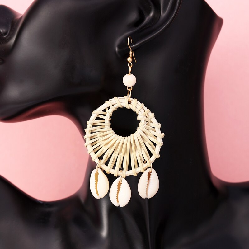 ZOSHI Handmade Earrings For Women Wooden Straw Weave Rattan Wedding Party Dangle Jewelry Shell Earrings Jewelry