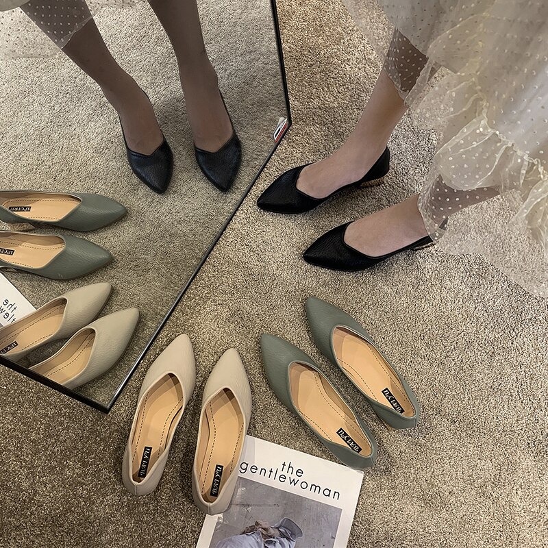 Kvinnor läder pumps skor kontor dam högklackat spetsiga tå slip on arbetsskor vår sommar klassiska klack 4 cm