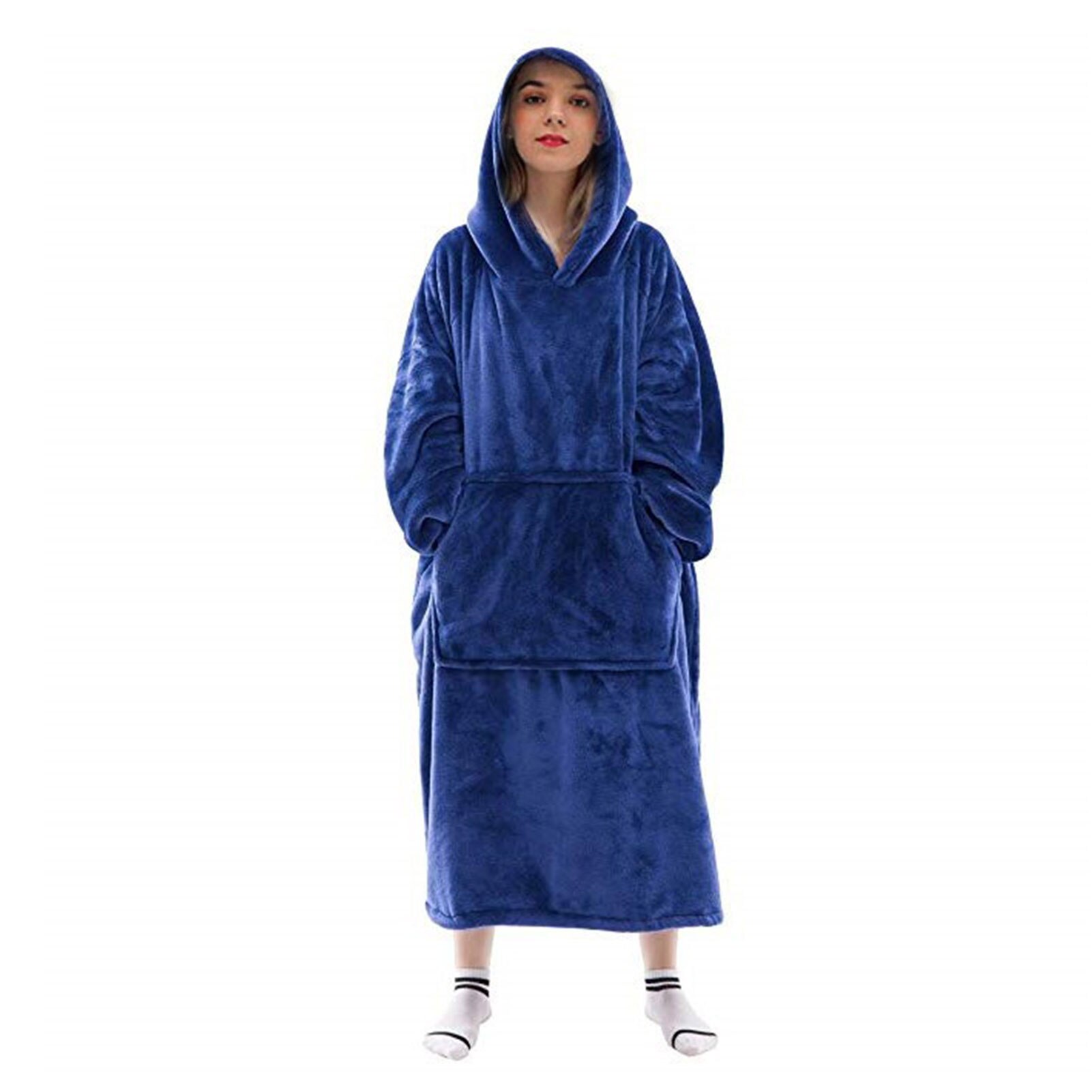 Flannel thickened warmth can wear blanket big hoodie household kangaroo pocket long sweatshirt: Navy Blue