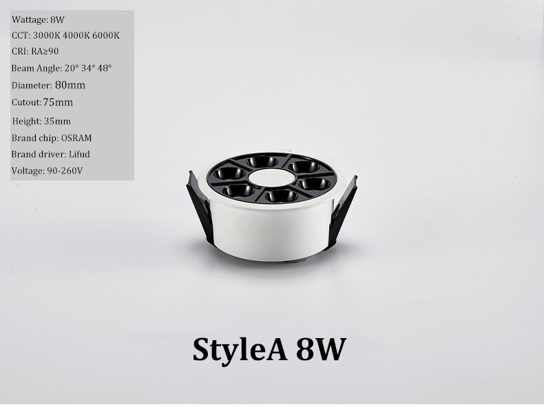 Recessed LED Linear Light High CRI Round LED Grille Spotlight Anti-glare Ceiling Downlight for Bedroom Hotel: Main Body 8W / Cool White 6000K