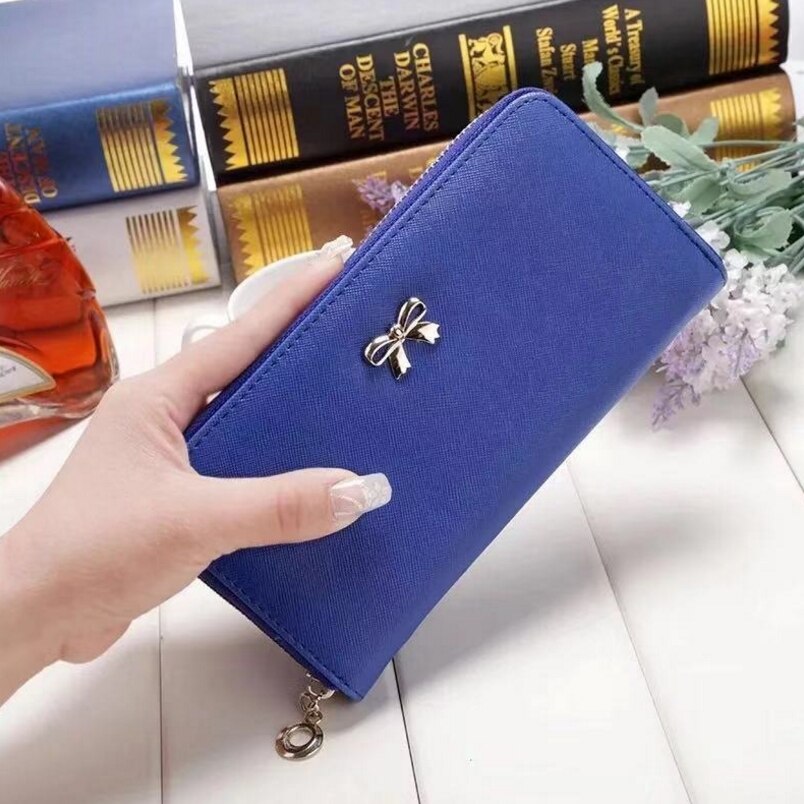 Porte-monnaie en cuir PU, porte-monnaie à grande capacité, solide, Long Style, porte-monnaie carte à glissière avec nœud papillon: Bleu