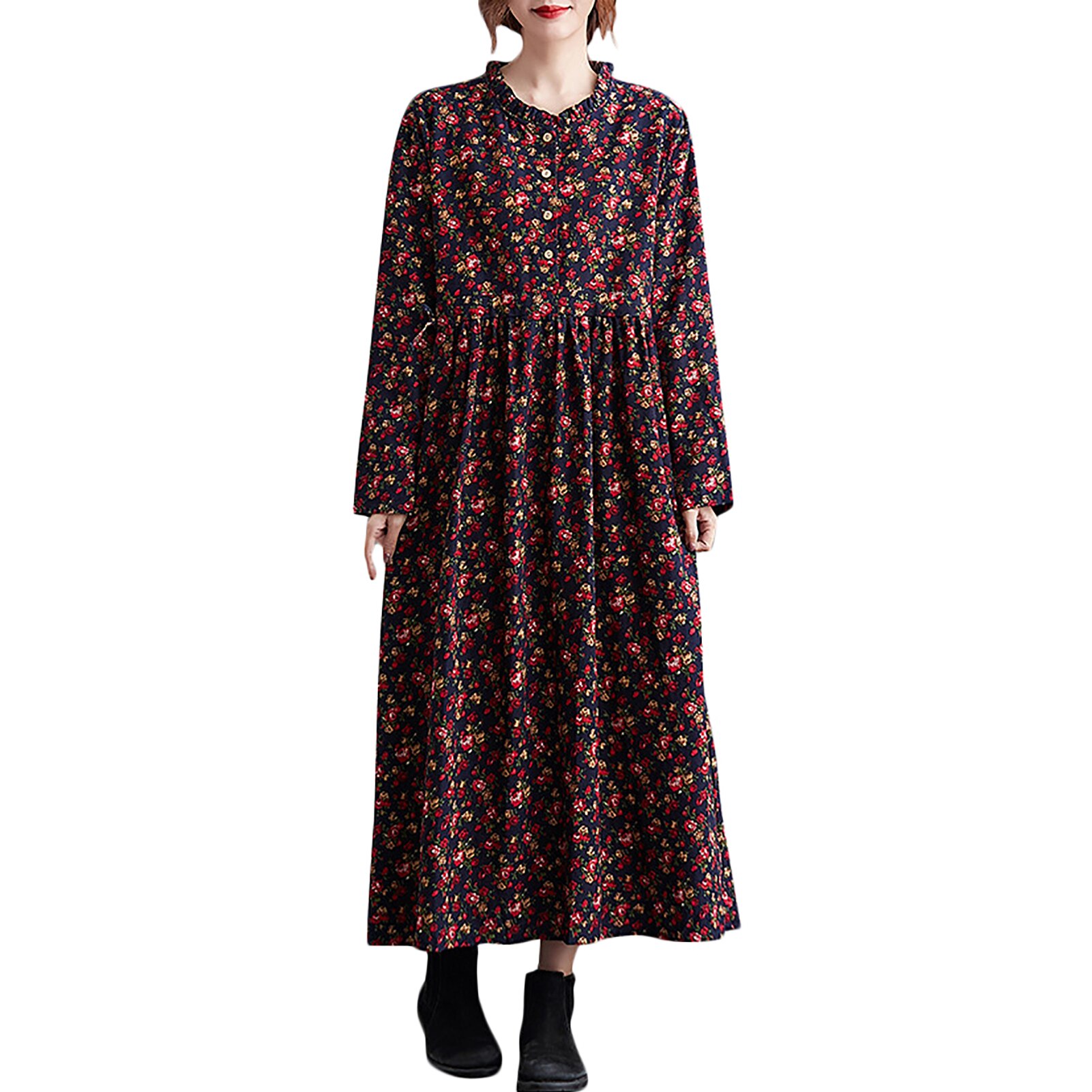 Vintage imprimé fleuri femmes robe coton lin plissé O cou taille cordon à manches longues poche latérale robes décontractées en vrac: green / XL
