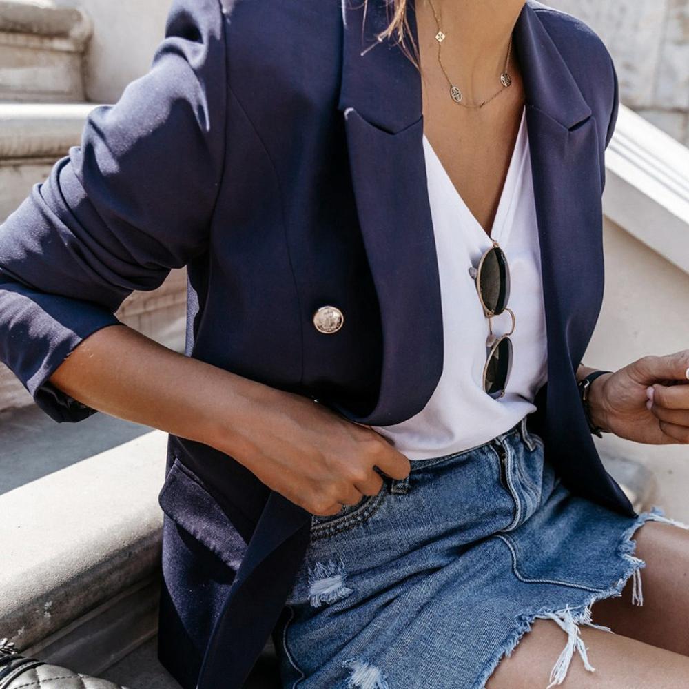 mujeres Blazers y chaquetas Otoño Invierno oficina trabajo de dama Blazer traje ajustado Casual abrigo chaquetas de mujer 3xl: Azul / S
