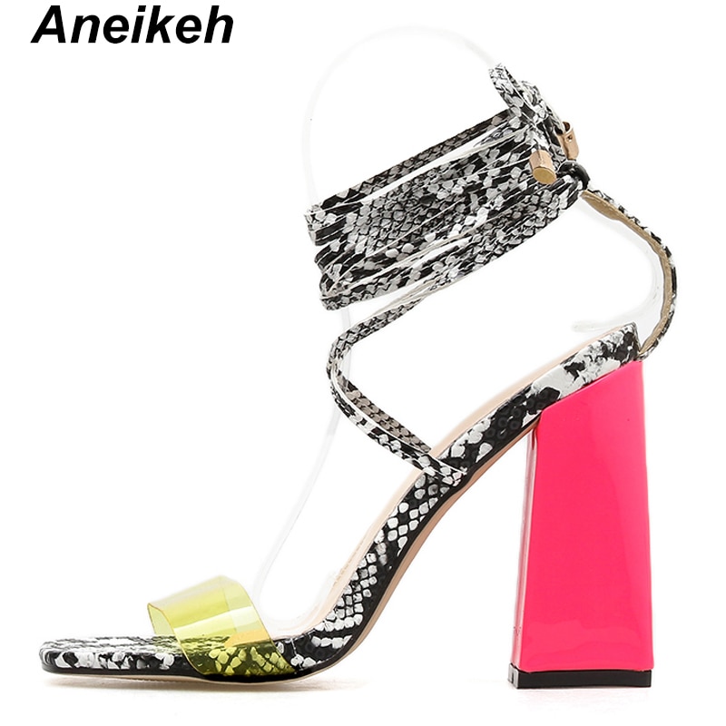 Aneikeh Summer PVC Gladiator Sandals Women Open Toe Ankle Strap Lace Up High Heels Pumps Party Dress Women's Shoes