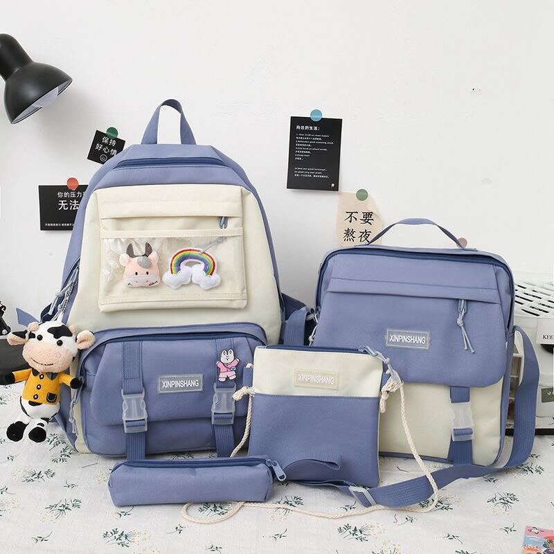 4 unids/set de lona mochilas para mujeres lindo bolsas para la Escuela de las niñas adolescentes bolsas los estudiantes mochilas para mujer mochila: Azul / Only backpack