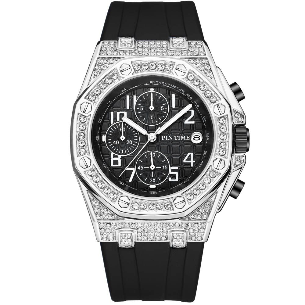 Alle urskive arbejde mænd diamantur rustfrit stål isede ure kvartsblå gummirem kronograf armbåndsur: 1