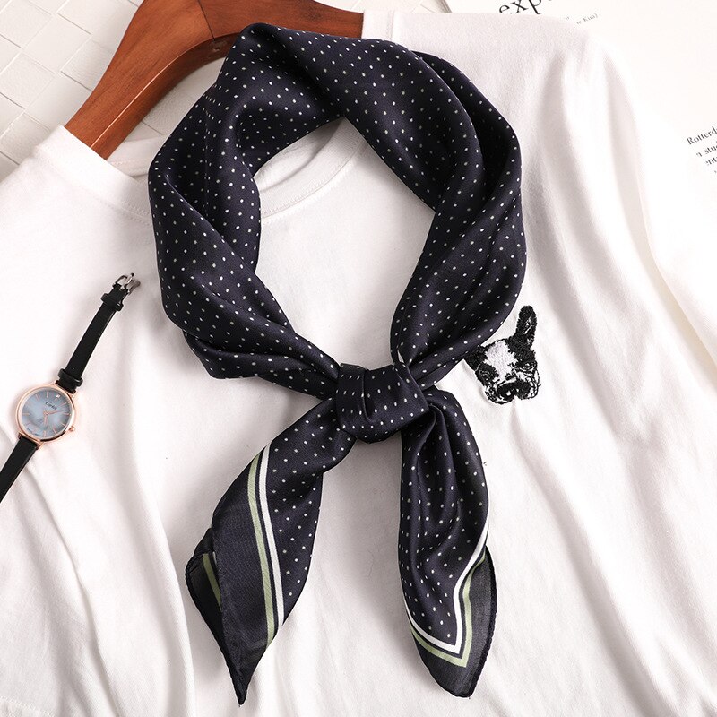 Pricktryckt halsduk siden satin hårscarf för kvinnor små sjalar hårscarfs dam 70*70cm fyrkantiga väskor halsdukar för damer: Marin