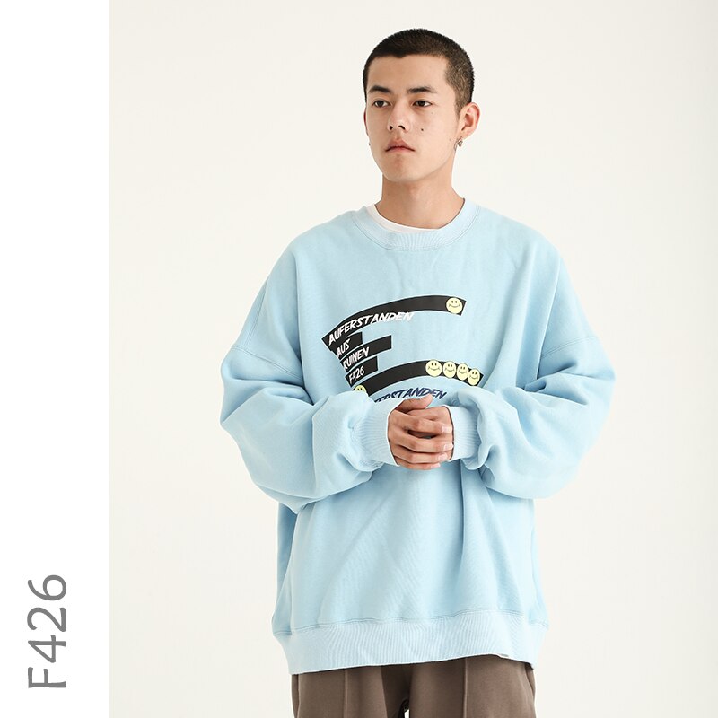 F426 Smile Face Cotton Fleece Hoodies Sweatshirt Sky blue Thick Velvet Fabrics Street Hoodies Unisex Loose Fit Clothing