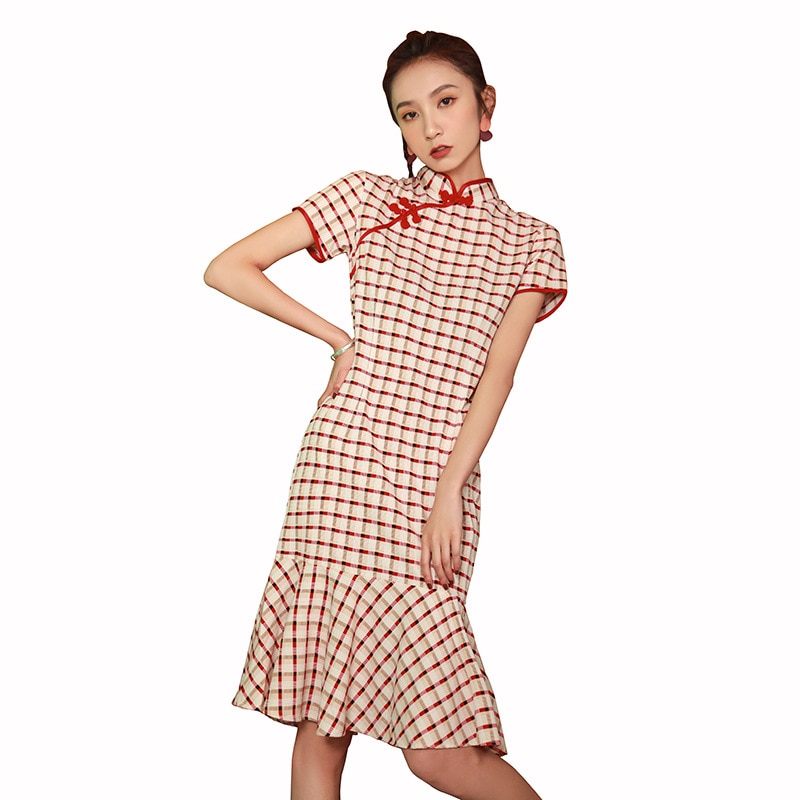 Cheongsam de estilo chino para chicas, para chicas, vestido a cuadros para estudiantes, vestido de cola de pez Qipao