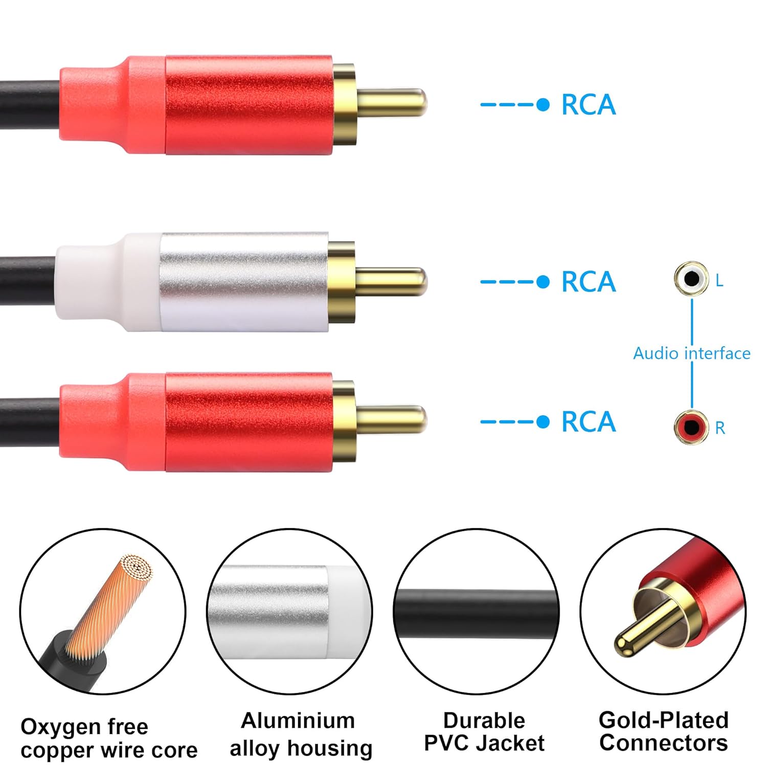Rca y-splitterkabel rca  to 2 rca stereolyd subwooferkabel hann-til-hann splitter lydkabel for forsterker høyttalerlyd tv