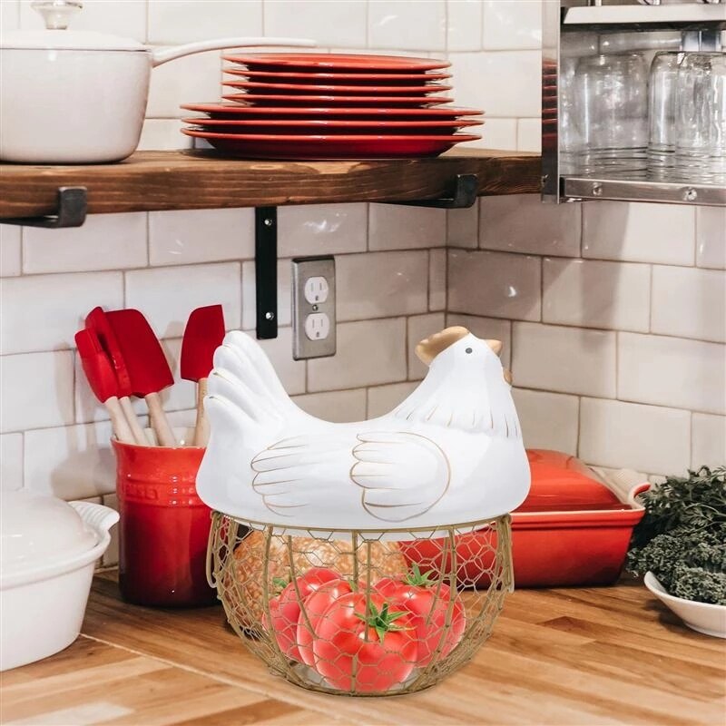 Keramik Eisen Huhn Ei Korb Halfter Snack Obst Kleinigkeiten Lagerung Kasten Henne Ornamente Container Veranstalter Gestell