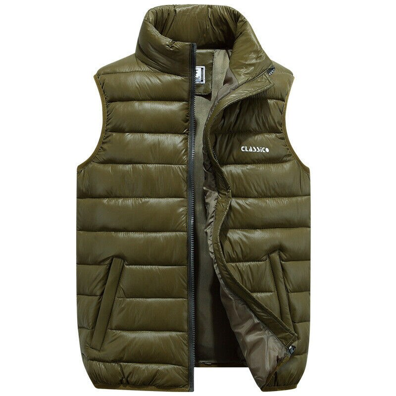 4 Colors Men Casual Sleeveless Vest Top Coat Male Padded Vest Jacket Quilted Outwear Tops Zip Up Waistcoat Outfits Plus Size: Green / XXXL