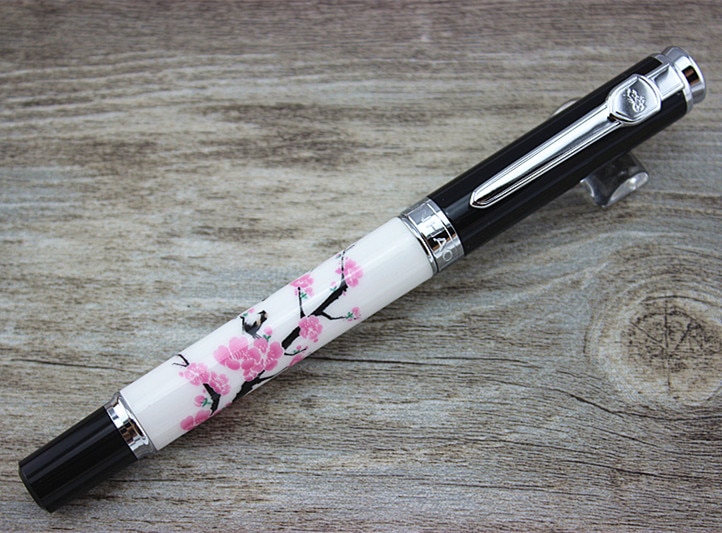 Jinhao 8802 Blue and White Porcelain Fountain Pen 18kgp Medium Nib Plum Blossom Bird Painting Pen