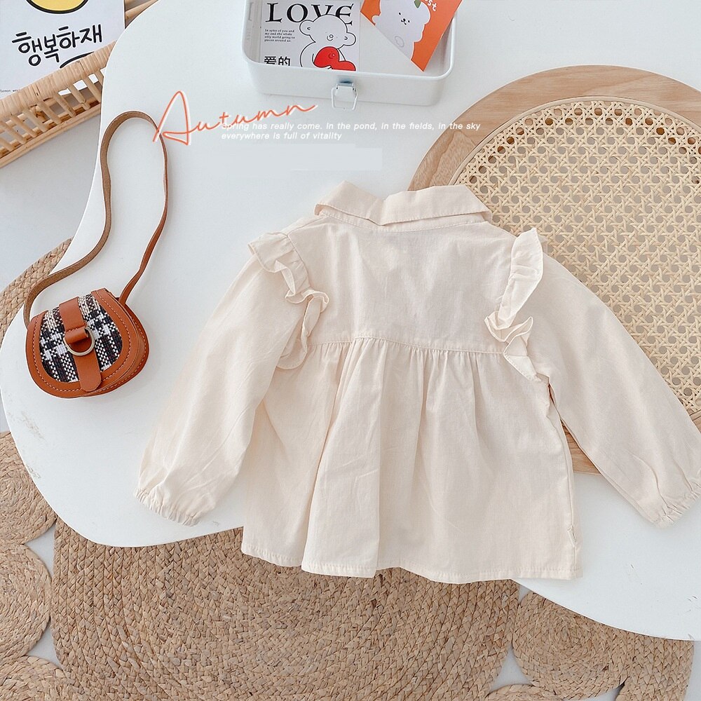 Herfst Kinderen Kids Lange Mouwen Revers Kraag Borduurwerk Bloemen Ruches Casual Prinses Party Shirts Meisjes Blouse Tops