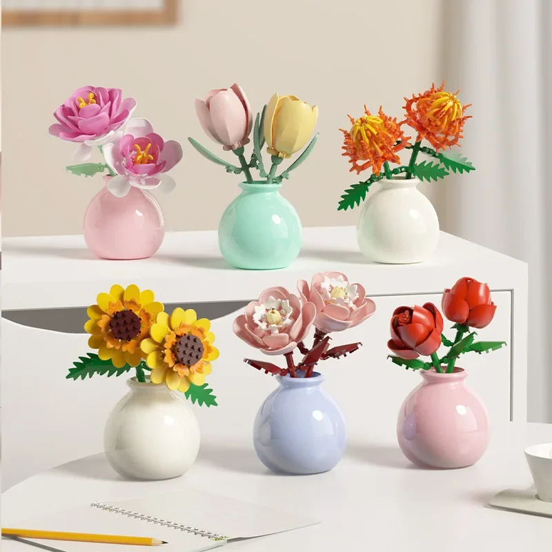 Building block pot plant bouquet of flowers, roses, lily building blocks, toys with flower pots, cute living room ornaments