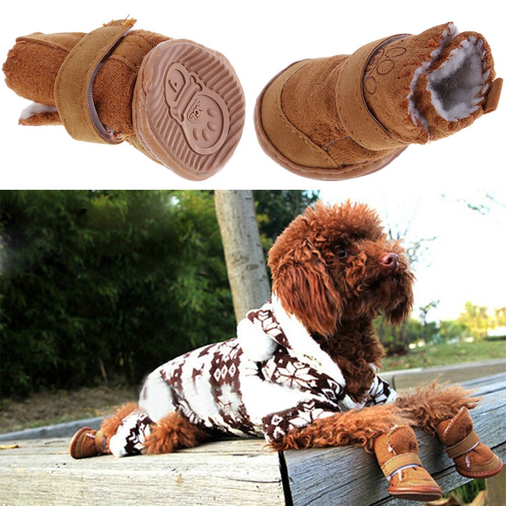 4Pcs/Set Winter Warm Shoes for Dogs Warming Cotton Plush Boots Snow Walking Cotton Blend Puppy Cats Sneakers Pet Supplies: Khaki / XL