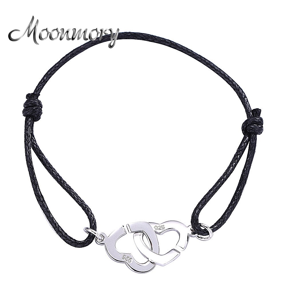 Heart Shaped 925 Prata Duplo Coeurs Moonmory Pulseira Para Mulheres E Homens Com Preto Corda Ajustar Pulseira Atacado