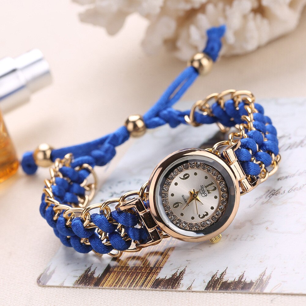 Women Knitting Rope Chain Winding Analog Quartz Movement Wrist Watch Compact Round Woven Wrist Clock Zegarek Damski: Blue