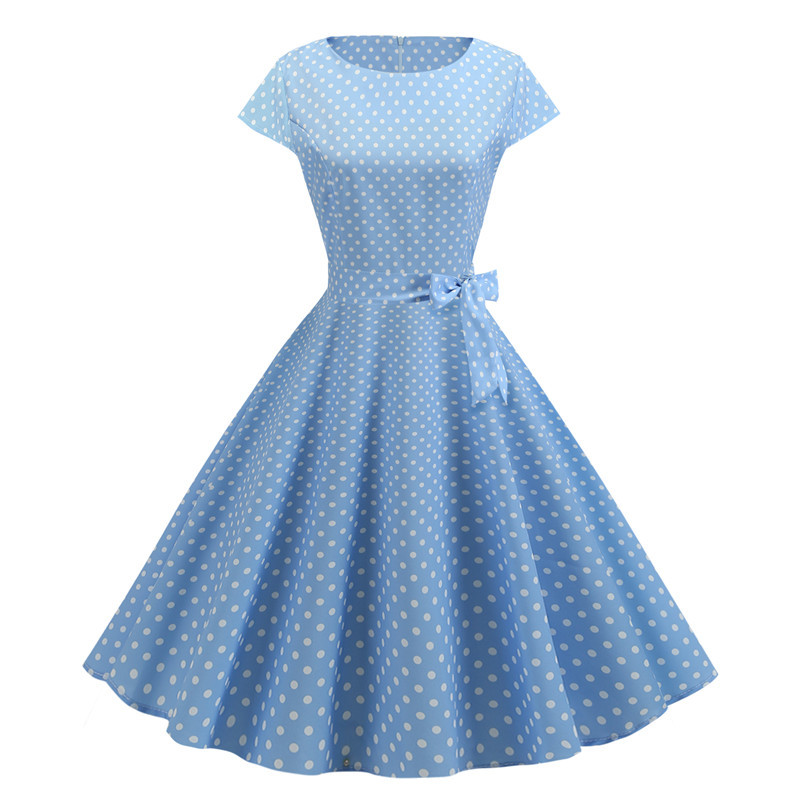 Vintage Kleid Damen Sommer Kurzarm Polka Dot Midi Casual Büro Partykleid 50er 60er Pin Up Rockabilly Kleider